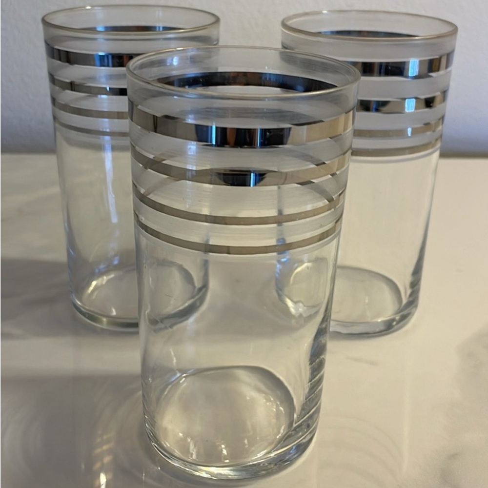 3 Vintage Chrome Stripe/Frosted Juice Glasses